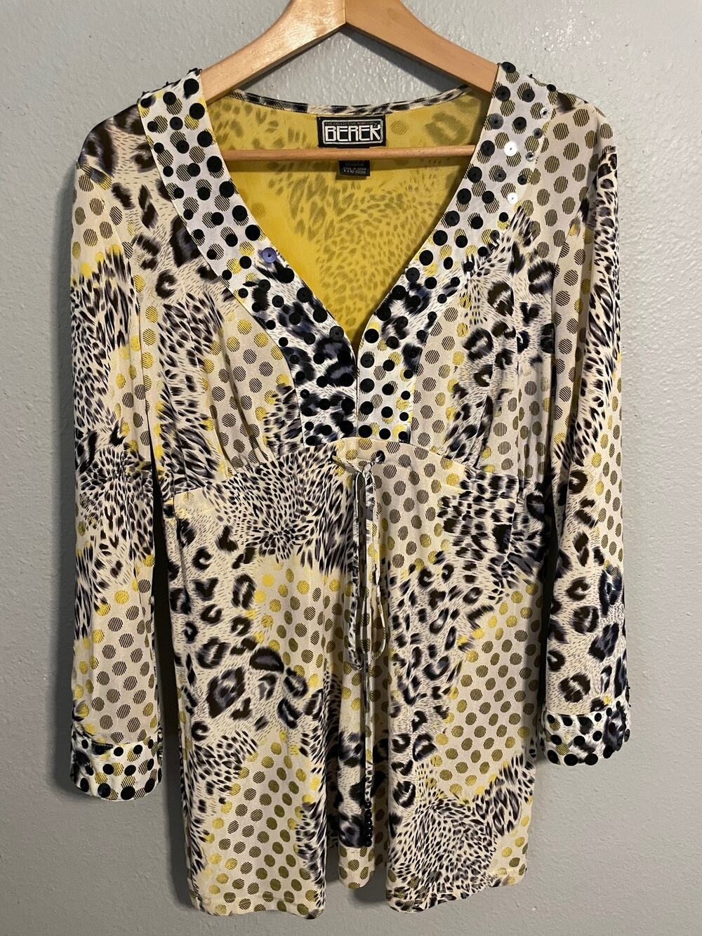 Vintage Berek Tunic Womens Medium Animal Print Polka Dot Sequin Artsy Wacky 90s